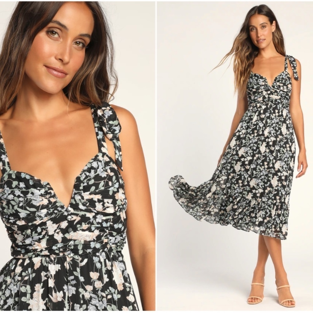 Lulu's Black Floral Tie-Shoulder Midi Dress